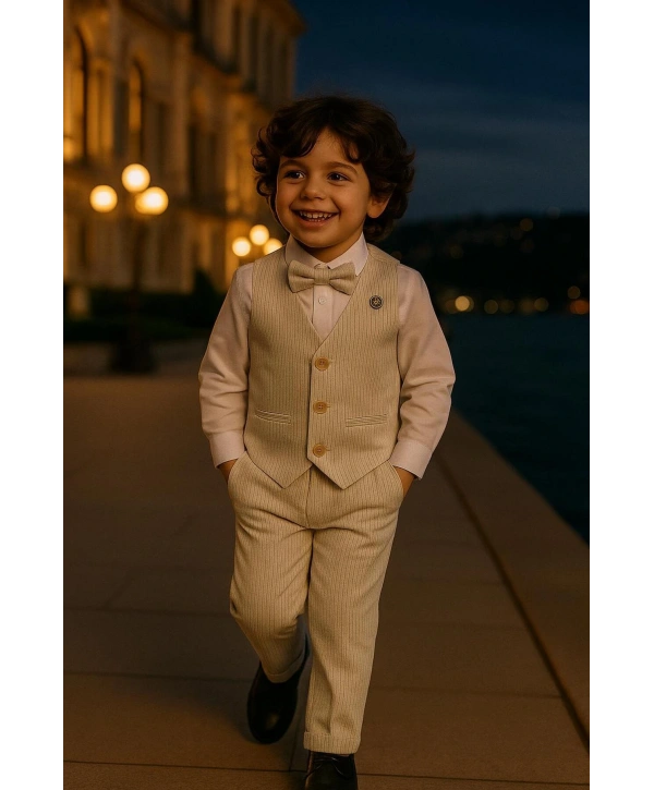 Erkek Çocuk Yelekli Takım Elbise | Gömlek-Yelek-Papyon-Pantolon| 4parça Takım
