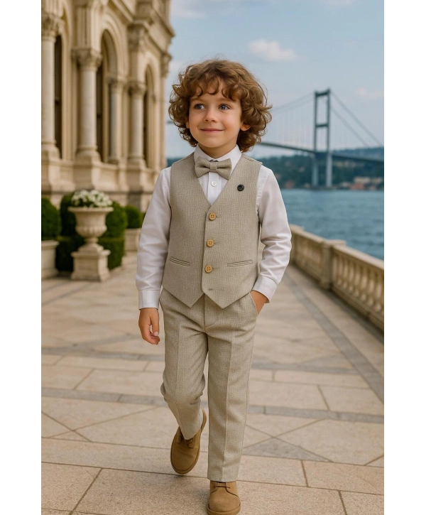 Erkek Çocuk Yelekli Takım Elbise | Gömlek-Yelek-Papyon-Pantolon| 4parça Takım