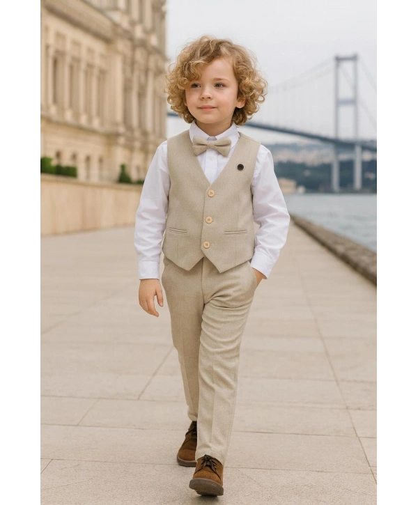 Erkek Çocuk Yelekli Takım Elbise | Gömlek-Yelek-Papyon-Pantolon| 4parça Takım