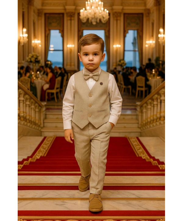 Erkek Çocuk Yelekli Takım Elbise | Gömlek-Yelek-Papyon-Pantolon| 4parça Takım