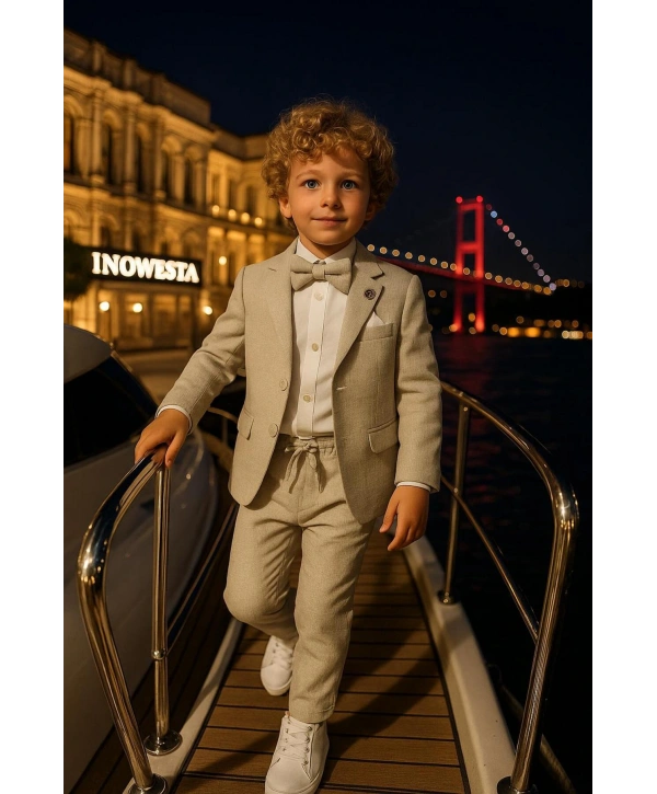 Erkek Çocuk Ceket Gömlek Spor Pantolon Papyonlu Üçlü Takım Elbise 4’Parça