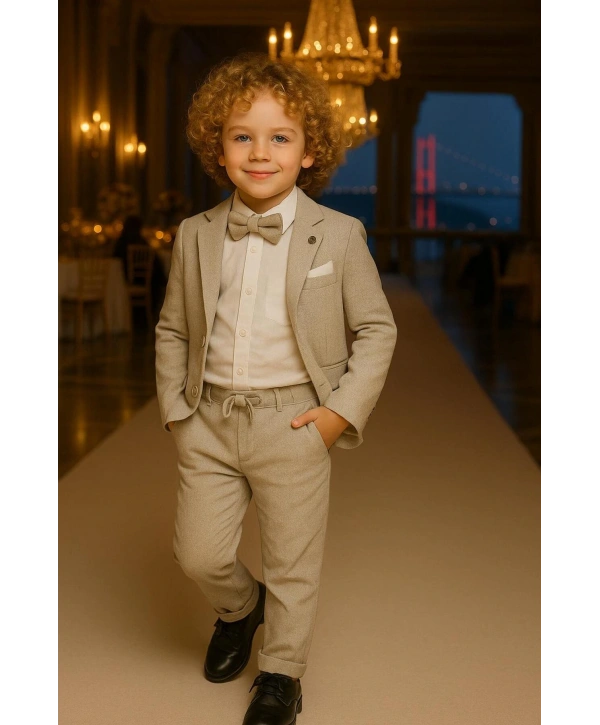 Erkek Çocuk Ceket Gömlek Spor Pantolon Papyonlu Üçlü Takım Elbise 4’Parça