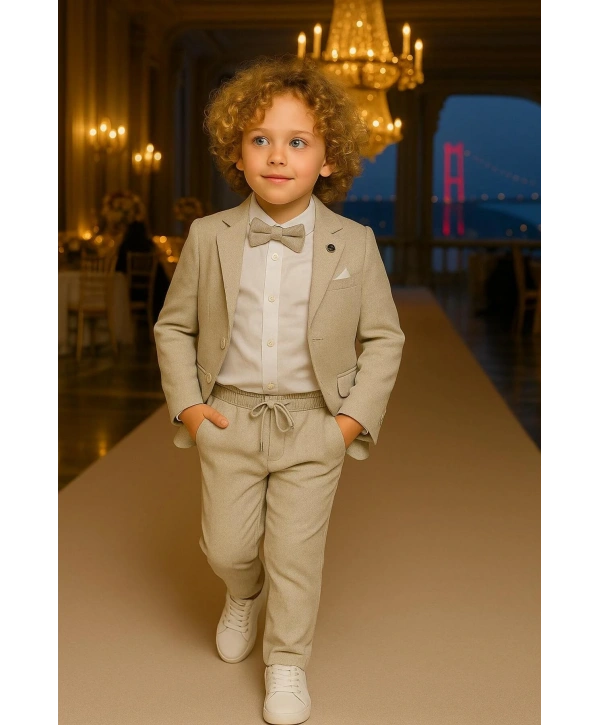 Erkek Çocuk Ceket Gömlek Spor Pantolon Papyonlu Üçlü Takım Elbise 4’Parça