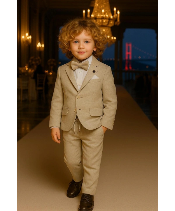 Erkek Çocuk Ceket Gömlek Spor Pantolon Papyonlu Üçlü Takım Elbise 4’Parça