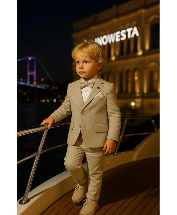 Erkek Çocuk Ceket Gömlek Spor Pantolon Papyonlu Üçlü Takım Elbise 4’Parça