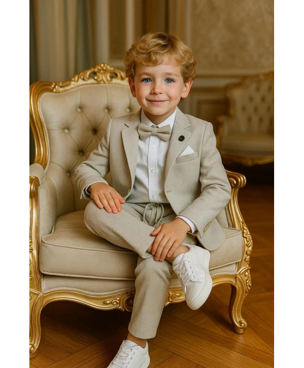 Erkek Çocuk Ceket Gömlek Spor Pantolon Papyonlu Üçlü Takım Elbise 4’Parça