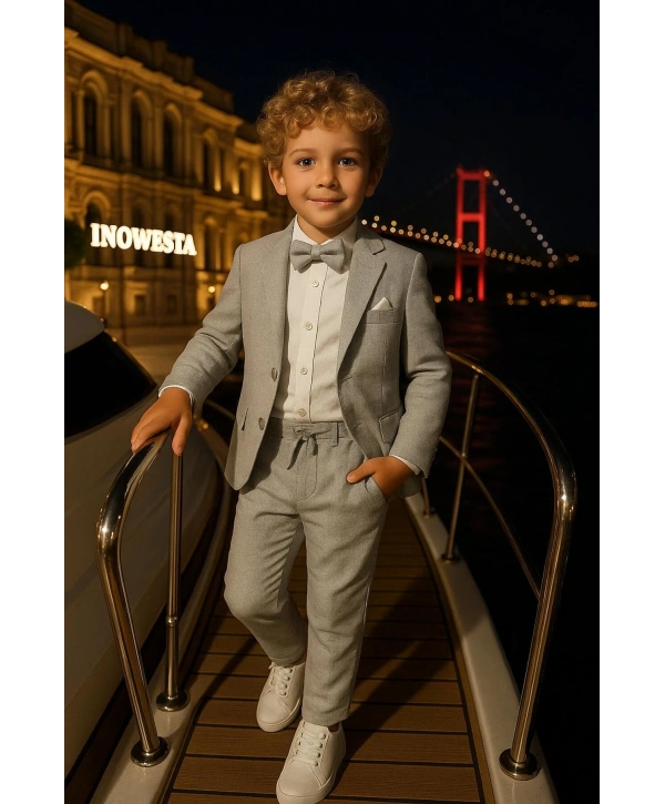Erkek Çocuk Ceket Gömlek Pantolon Papyonlu Üçlü Takım Elbise 4’Parça(Bir Beden BÜYÜK Tercih Ediniz)