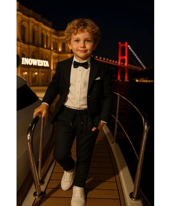 Erkek Çocuk Ceket Gömlek Pantolon Papyonlu Üçlü Takım Elbise 4’Parça(Bir Beden BÜYÜK Tercih Ediniz)