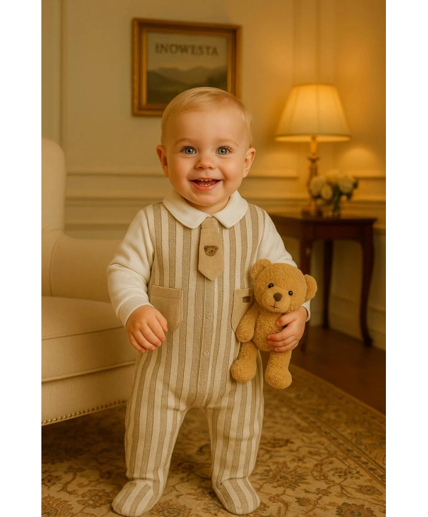 Erkek Bebek Pamuklu Kravatlı Triko-Kadife Garnili Tulum