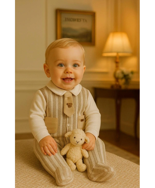 Erkek Bebek Pamuklu Kravatlı Triko-Kadife Garnili Tulum