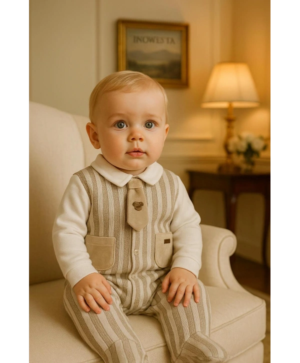 Erkek Bebek Pamuklu Kravatlı Triko-Kadife Garnili Tulum