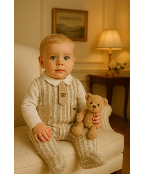Erkek Bebek Pamuklu Kravatlı Triko-Kadife Garnili Tulum