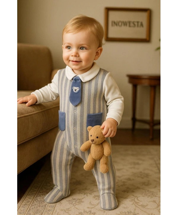 Erkek Bebek Pamuklu Kravatlı Triko-Kadife Garnili Tulum