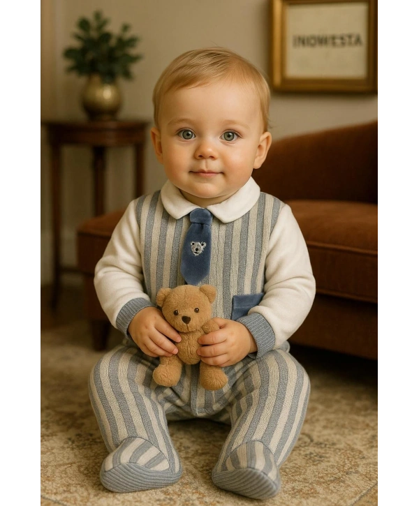Erkek Bebek Pamuklu Kravatlı Triko-Kadife Garnili Tulum