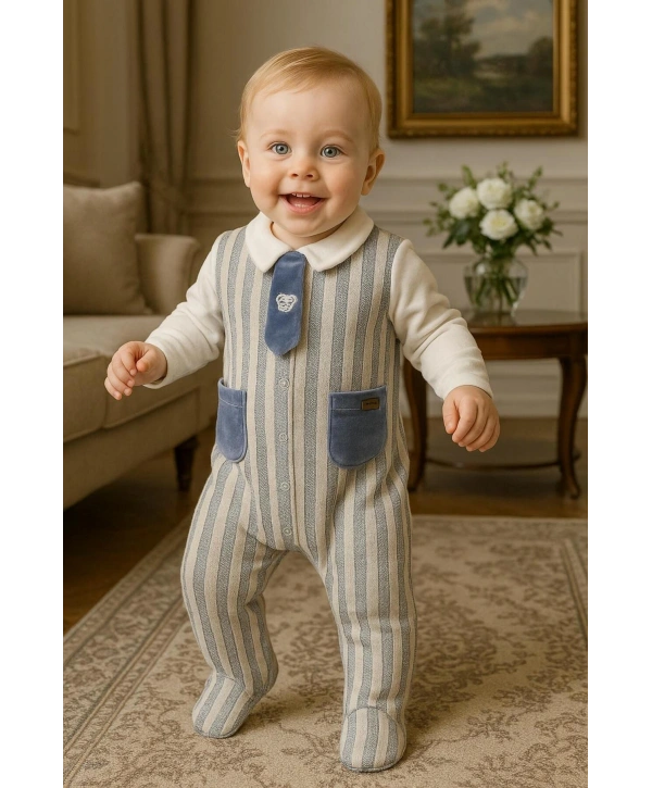 Erkek Bebek Pamuklu Kravatlı Triko-Kadife Garnili Tulum