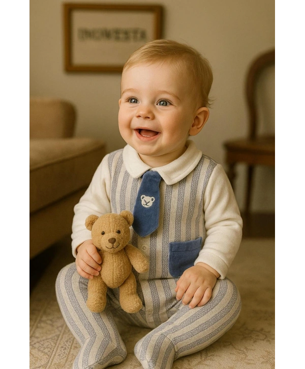 Erkek Bebek Pamuklu Kravatlı Triko-Kadife Garnili Tulum