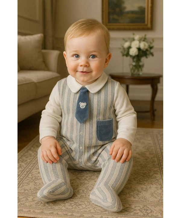 Erkek Bebek Pamuklu Kravatlı Triko-Kadife Garnili Tulum
