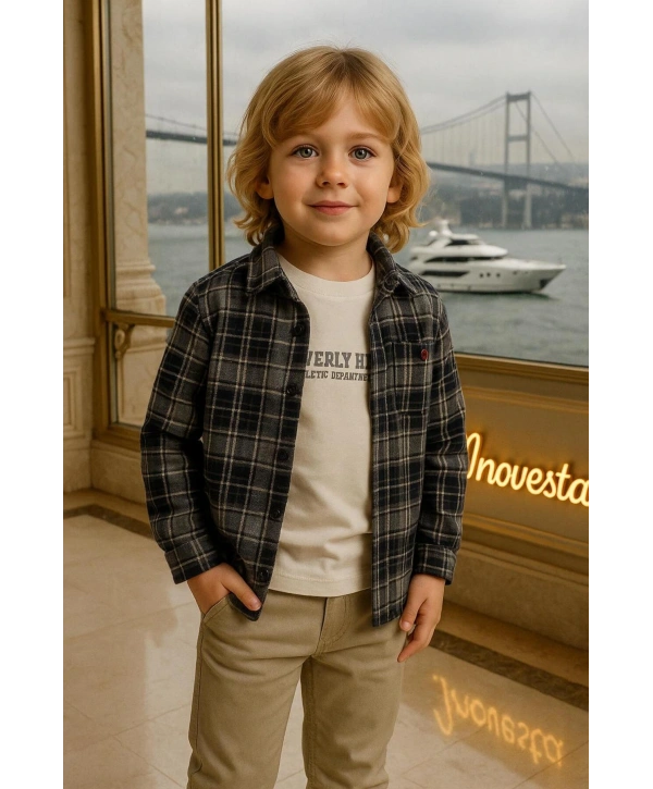 Erkek Çocuk orta Kalınlıkta Kaşe Gömlekli Özel Kombinli 3Lü Takım