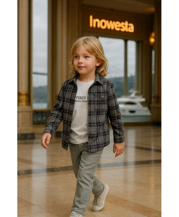 Erkek Çocuk orta Kalınlıkta Kaşe Gömlekli Özel Kombinli 3Lü Takım