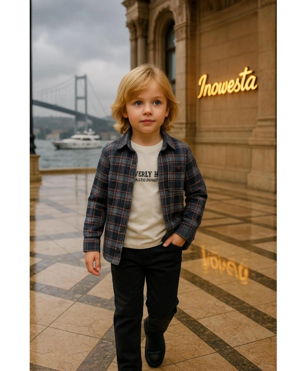 Erkek Çocuk orta Kalınlıkta Kaşe Gömlekli Özel Kombinli 3Lü Takım