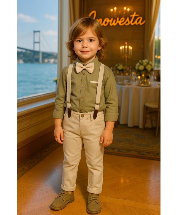 Çocuk Salopet Takım Üst KALİTE |Gömlek Salopet Pantolon Papyon-4Parça|