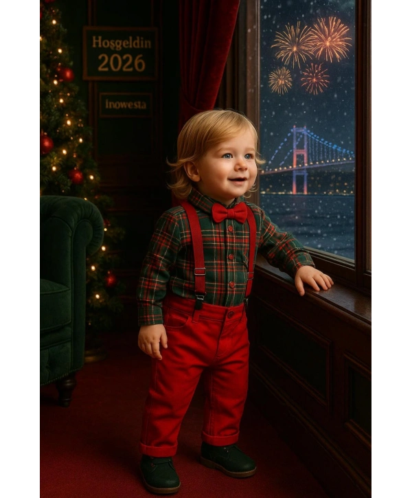 Bebek&Çocuk Yılbaşı Özel Salopet Takım kaşe Gömlek Pantolon Papyon-4Parça