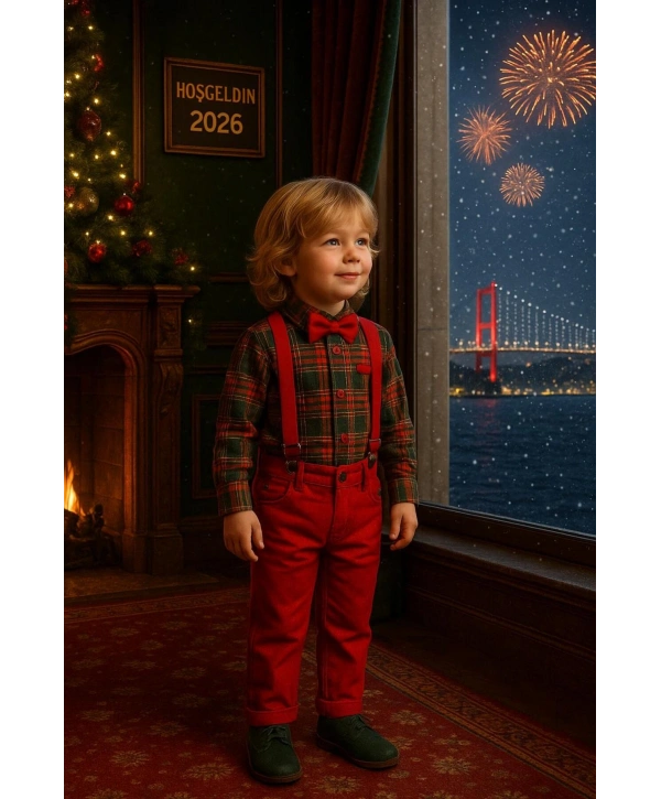 Bebek&Çocuk Yılbaşı Özel Salopet Takım kaşe Gömlek Pantolon Papyon-4Parça