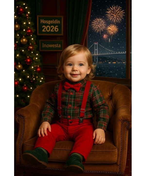 Bebek&Çocuk Yılbaşı Özel Salopet Takım kaşe Gömlek Pantolon Papyon-4Parça