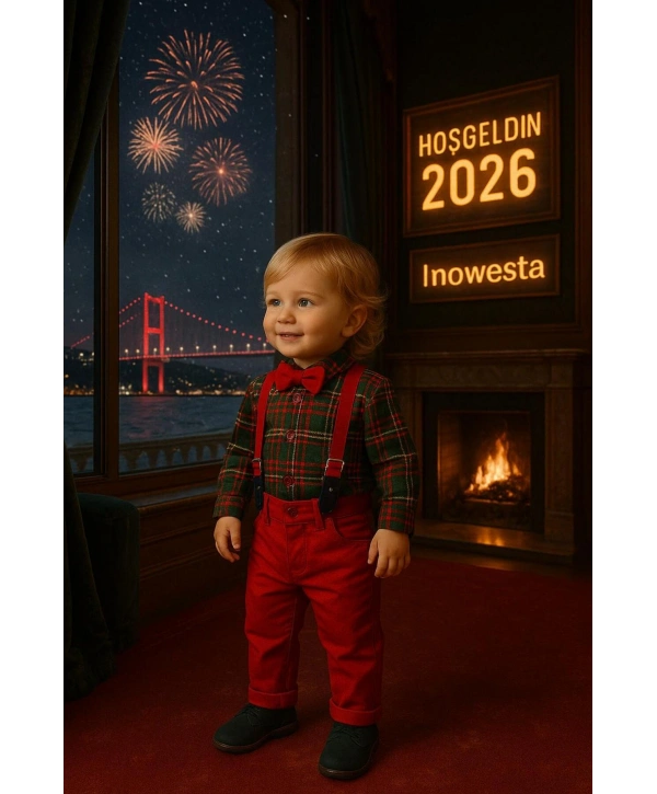 Bebek&Çocuk Yılbaşı Özel Salopet Takım kaşe Gömlek Pantolon Papyon-4Parça