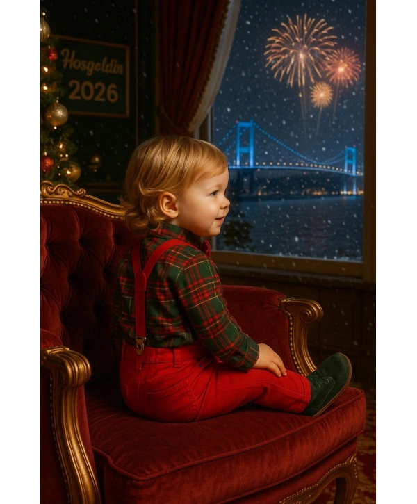 Bebek&Çocuk Yılbaşı Özel Salopet Takım kaşe Gömlek Pantolon Papyon-4Parça