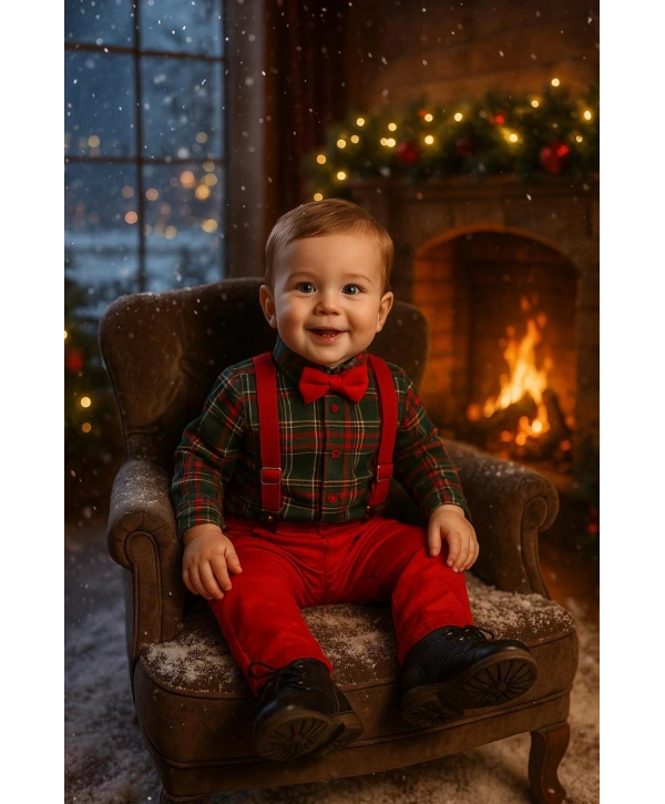 Bebek&Çocuk Yılbaşı Özel Salopet Takım kaşe Gömlek Pantolon Papyon-4Parça