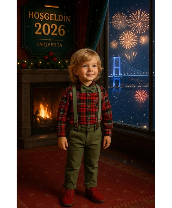 Bebek&Çocuk Yılbaşı Özel Salopet Takım kaşe Gömlek Pantolon Papyon-4Parça