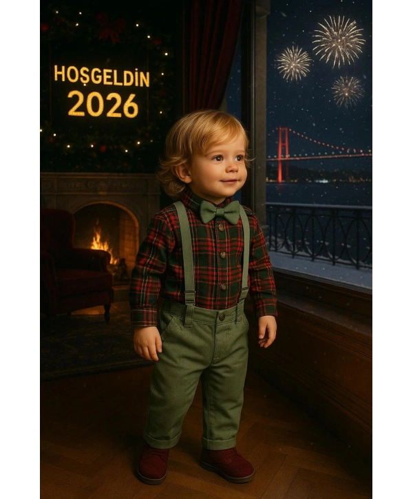 Bebek&Çocuk Yılbaşı Özel Salopet Takım kaşe Gömlek Pantolon Papyon-4Parça