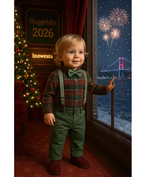 Bebek&Çocuk Yılbaşı Özel Salopet Takım kaşe Gömlek Pantolon Papyon-4Parça