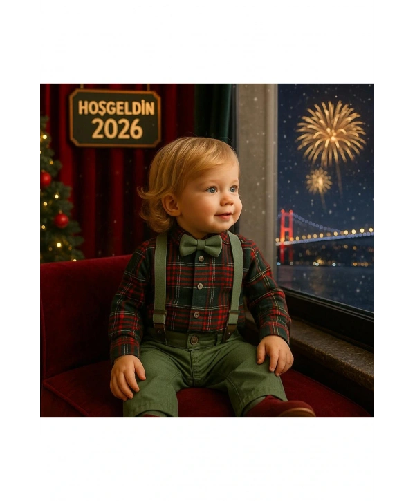 Bebek&Çocuk Yılbaşı Özel Salopet Takım kaşe Gömlek Pantolon Papyon-4Parça