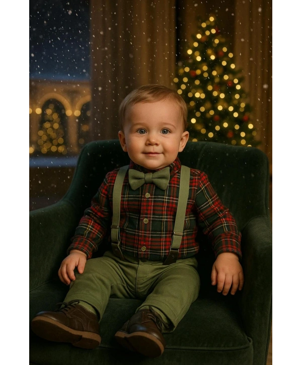 Bebek&Çocuk Yılbaşı Özel Salopet Takım kaşe Gömlek Pantolon Papyon-4Parça