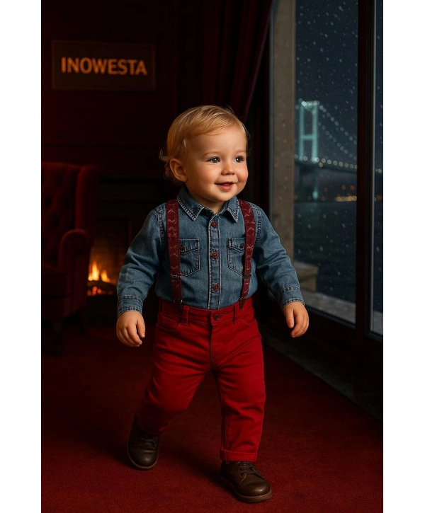 Erkek Bebek&Çocuk Kot Gömlek-Gabardin Pantolon Salopet Takım Elbise 4lü Set