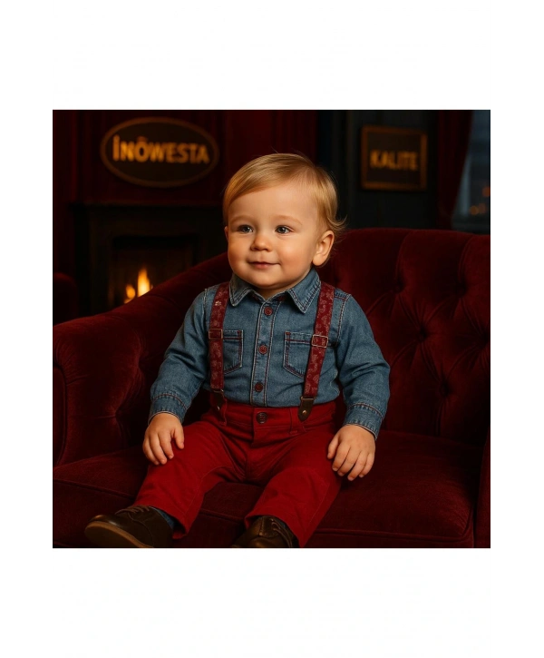 Erkek Bebek&Çocuk Kot Gömlek-Gabardin Pantolon Salopet Takım Elbise 4lü Set