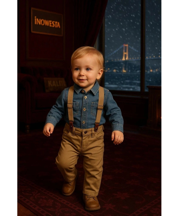 Erkek Bebek&Çocuk Kot Gömlek-Gabardin Pantolon Salopet Takım Elbise 4lü Set