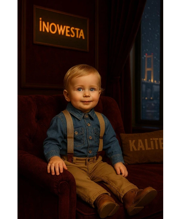 Erkek Bebek&Çocuk Kot Gömlek-Gabardin Pantolon Salopet Takım Elbise 4lü Set