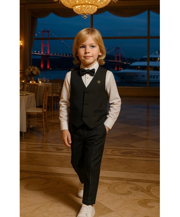 Erkek Çocuk Yelekli sararKUMAŞ Takım Elbise | Gömlek-Yelek-Papyon-Pantolon| 4parça Takım