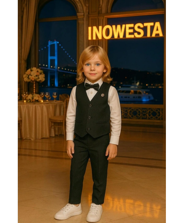 Erkek Çocuk Yelekli sararKUMAŞ Takım Elbise | Gömlek-Yelek-Papyon-Pantolon| 4parça Takım