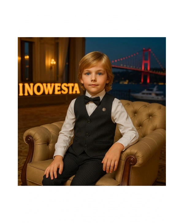 Erkek Çocuk Yelekli sararKUMAŞ Takım Elbise | Gömlek-Yelek-Papyon-Pantolon| 4parça Takım