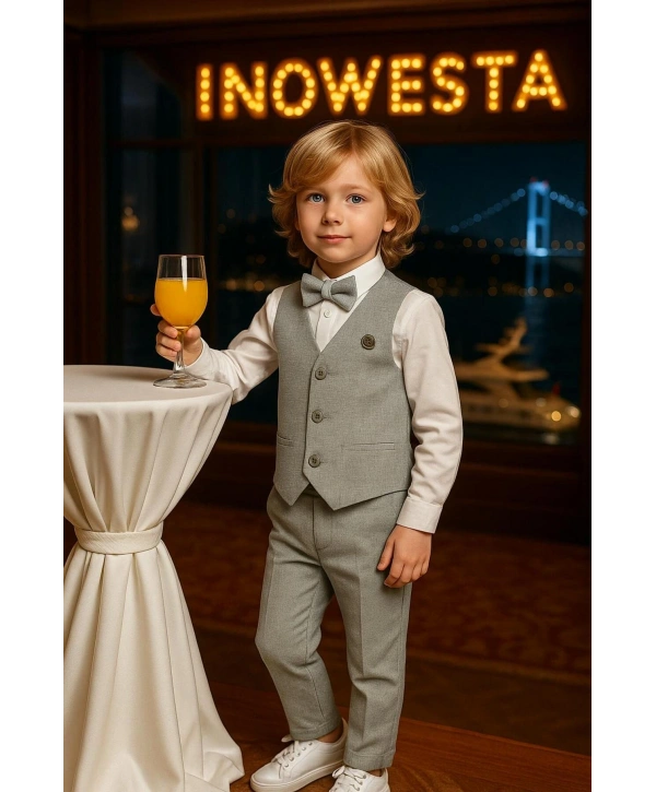 Erkek Çocuk Yelekli sararKUMAŞ Takım Elbise | Gömlek-Yelek-Papyon-Pantolon| 4parça Takım