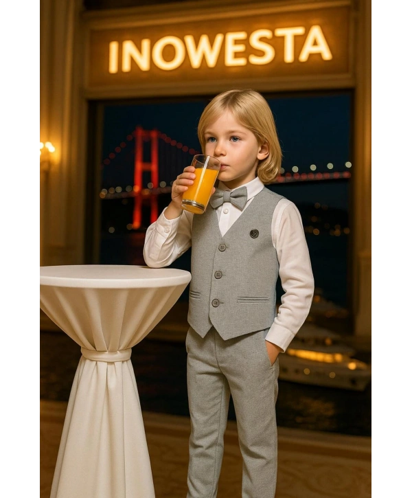 Erkek Çocuk Yelekli sararKUMAŞ Takım Elbise | Gömlek-Yelek-Papyon-Pantolon| 4parça Takım