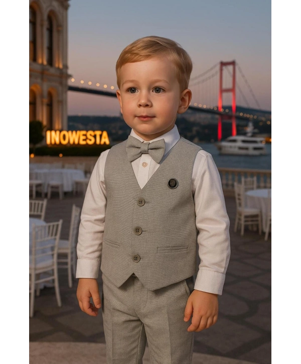 Erkek Çocuk Yelekli sararKUMAŞ Takım Elbise | Gömlek-Yelek-Papyon-Pantolon| 4parça Takım