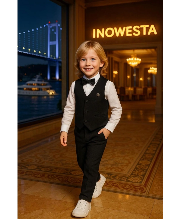 Erkek Çocuk Yelekli sararKUMAŞ Takım Elbise | Gömlek-Yelek-Papyon-Pantolon| 4parça Takım