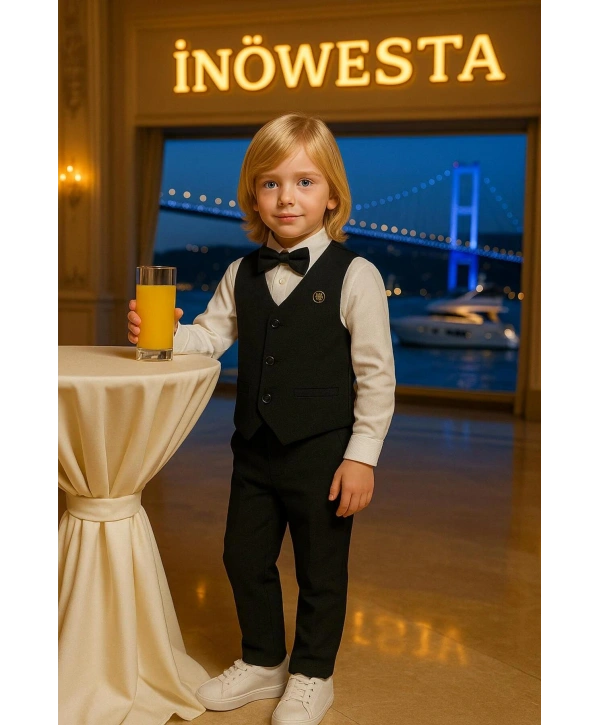 Erkek Çocuk Yelekli sararKUMAŞ Takım Elbise | Gömlek-Yelek-Papyon-Pantolon| 4parça Takım