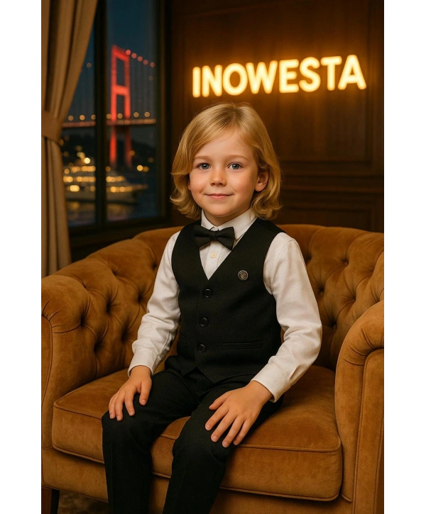 Erkek Çocuk Yelekli sararKUMAŞ Takım Elbise | Gömlek-Yelek-Papyon-Pantolon| 4parça Takım