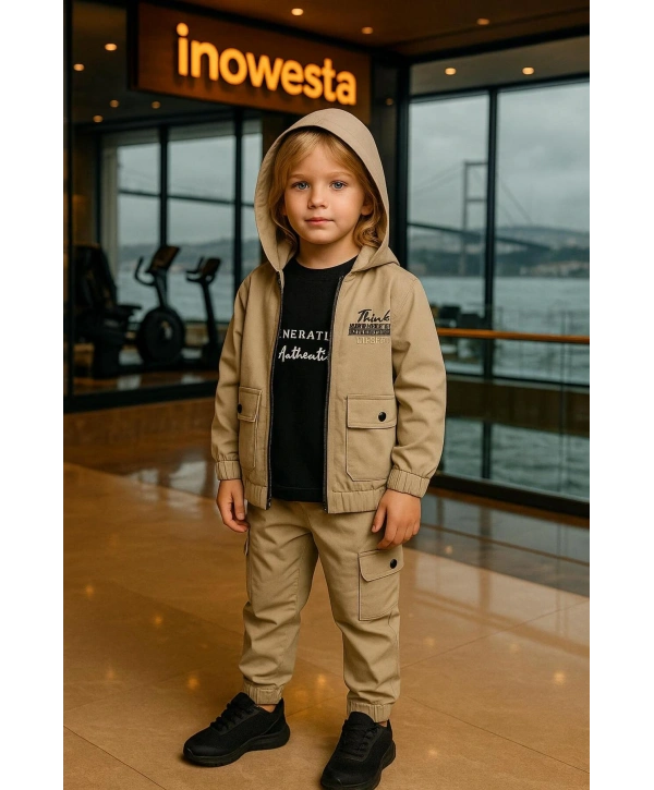 Erkek Çocuk Premium Softshell Kapüşonlu Üst Kalite Paraşüt Kumaş 3lü Takım